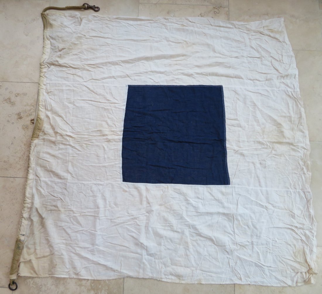 Maritime Nautical Flag Sierra "S" Engines Going Astern: Maritime Nautical Flag Sierra "S" Engines Going Astern. Vintage Cotton Navy Maritime Ship's Signal Flag. Design is sewn with rope and brass hardware. This flag is used and has the look of having been 