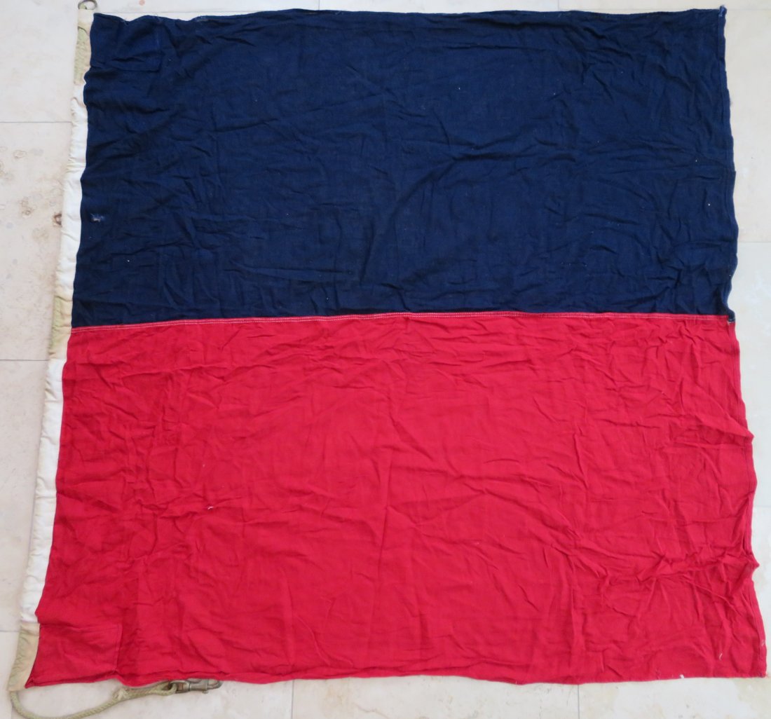 Maritine Nautical Flag Echo "E" Alter Course Starboard: Maritine Nautical Flag Echo "E" Alter Course Starboard. Vintage Cotton Navy Maritime Ship's Signal Flag. Design is sewn with rope and brass hardware. This flag is used and has the look of having been 