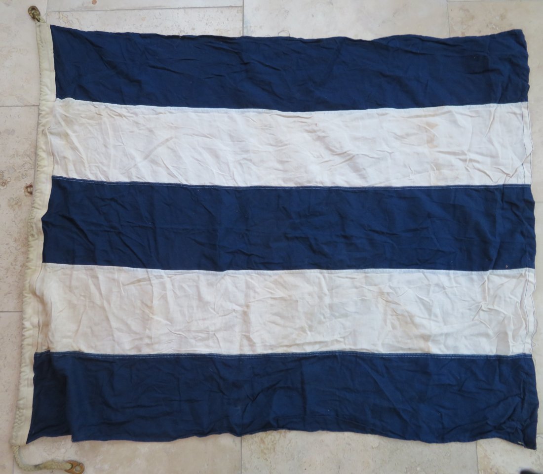 Maritine Nautical Flag Preparatory "PR" Imminent Start: Maritine Nautical Flag Preparatory "PR" Imminent Start. Vintage Cotton Navy Maritime Ship's Signal Flag. Design is sewn with rope and brass hardware. This flag is used and has the look of having been 