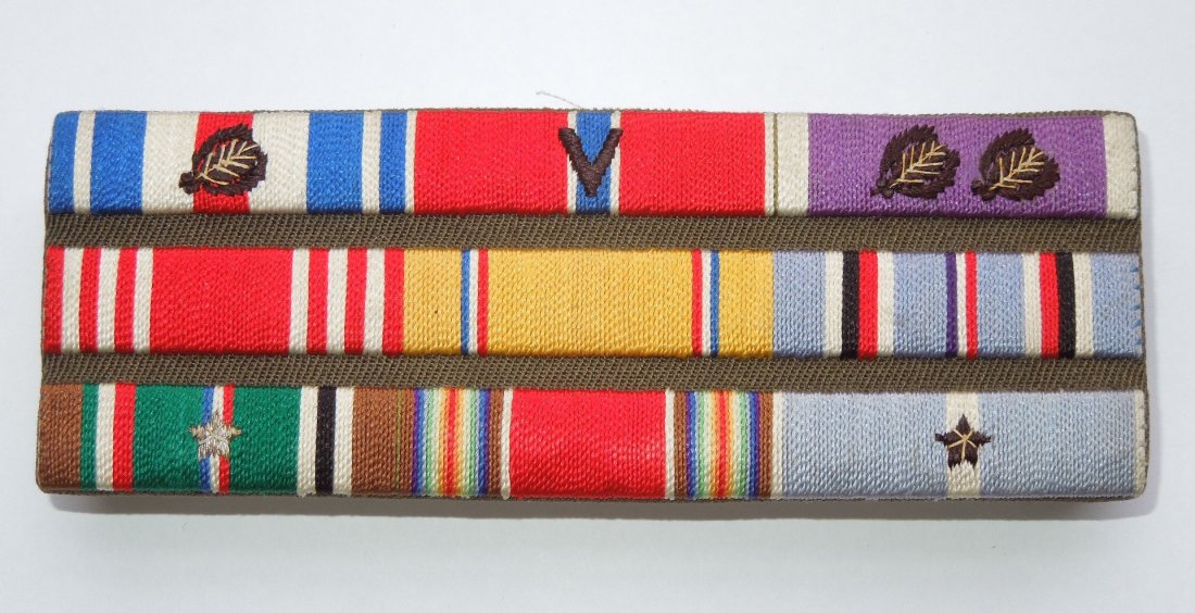 WWII Korea SS PH Custom Army Bullion Ribbon Bar: Original WWII to Korean War vet's ribbon bar to an unknown Soldier who earned a two Silver Stars, Bronze Star with V for Valor, three Purple Hearts, among other awards in the European Theater and Kore