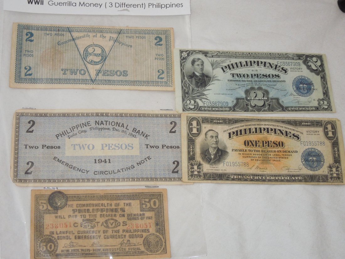 WWII Philippines Victory Guerilla Money Currency Notes: WWII Philippines Victory Guerilla Money Currency Notes and Coin. You will receive the following 5 bills and 1 coin. 1 Peso Philippines Treasury SILVER Certificate VICTORY SERIES No. 66, 1944 2 TWO PES
