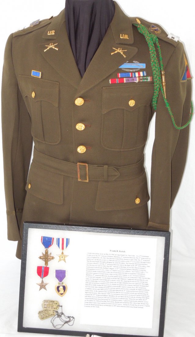WWII 4th Armored Distinguished Service Cross Capt Group: WWII group from Captain Frank R. Kutak (Long, Island, NY) of the 53rd Armored Infantry Battalion, 4th Armored Division. The group includes his original 4th Armored Division uniform with numbered colla