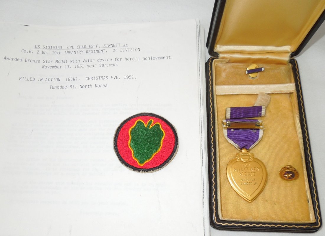 Korean War 24th Infantry KIA Purple Heart Medal Group: Posthumous (Killed in Action) Purple Heart Medal group to Corporal Charles F. Sinnett Jr. of Providence, Rhode Island. He was a member of Company G, 2nd Battaion, 19th Infantry Regiment, 24th Infantry