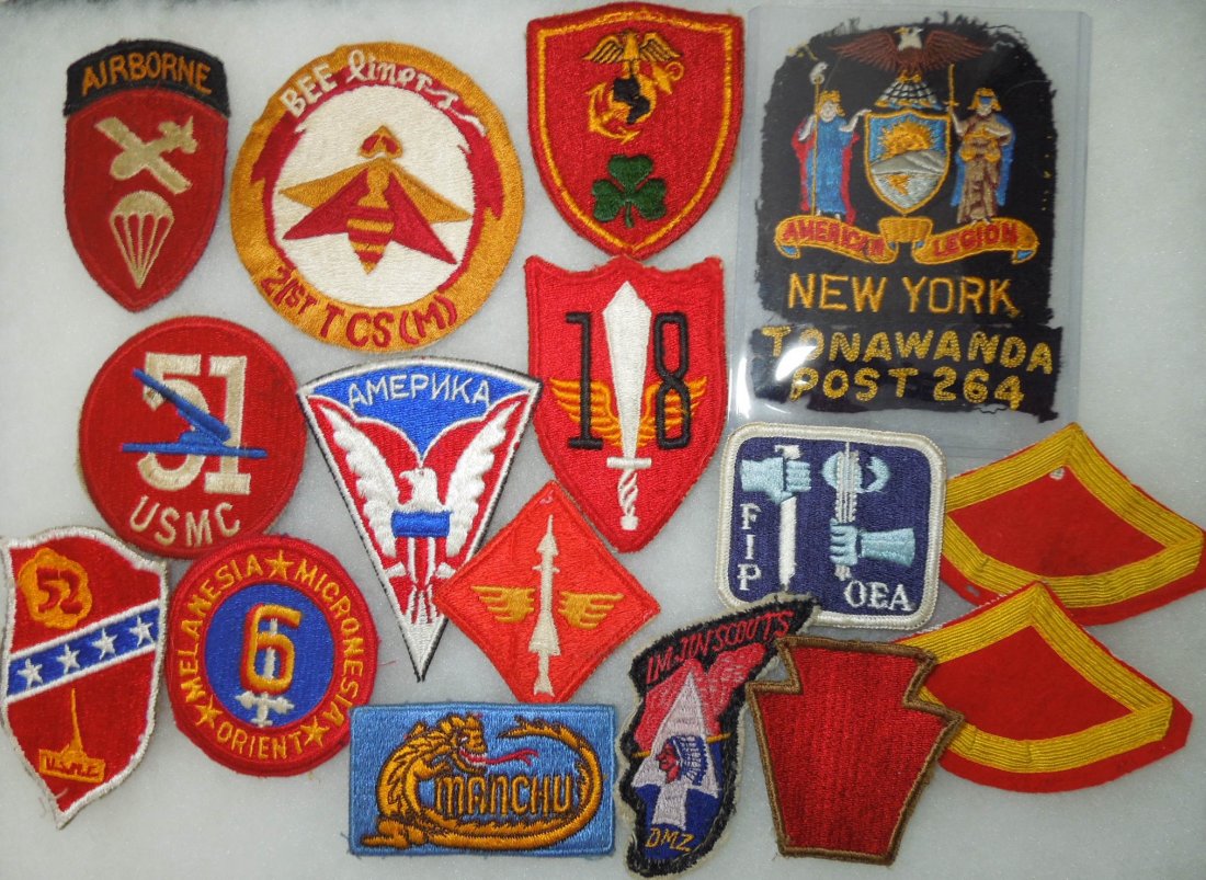 WWII - Vietnam US Army Navy Air Force Patch Lot: Lot of vintage patches- USMC, WWII Airborne Command, US Forces Dominican Republic, IMJN Scouts, Manchu, OD Border Greenback WWI 28th Infantry Division patch. cut down WWII USMC rank chevrons, Tonawand
