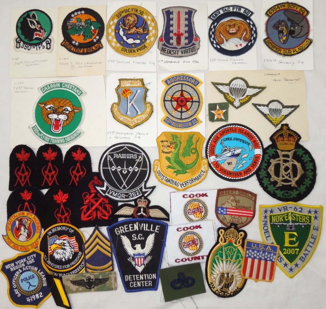 Misc. US & Foreign Military and Civilian Patches Lot: Huge lot of 1960s - modern US Army, Air Force, Navy, USMC, and Foreign patches as shown. Many are identified in cards, some nice early ones.
