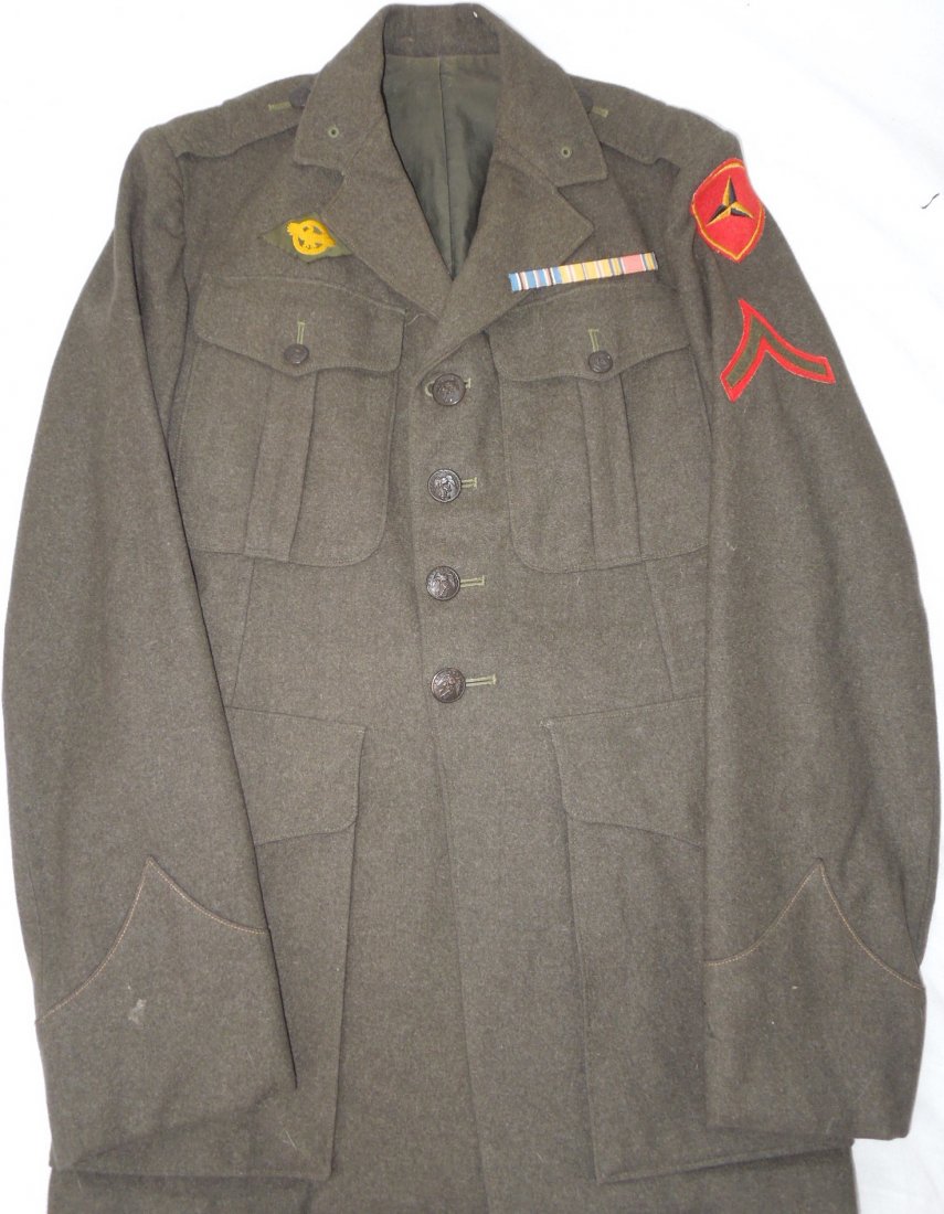 WWII Named USMC 3rd Marine Division Uniform Jacket: WWII Named USMC Marine Corps 3rd Marine Division Uniform Jacket. Named to PFC Joseph P. McGurn. McGurn participated in the Bougainville Campaign. The jacket has 3 Ribbons (American Campaign, Asiatic P