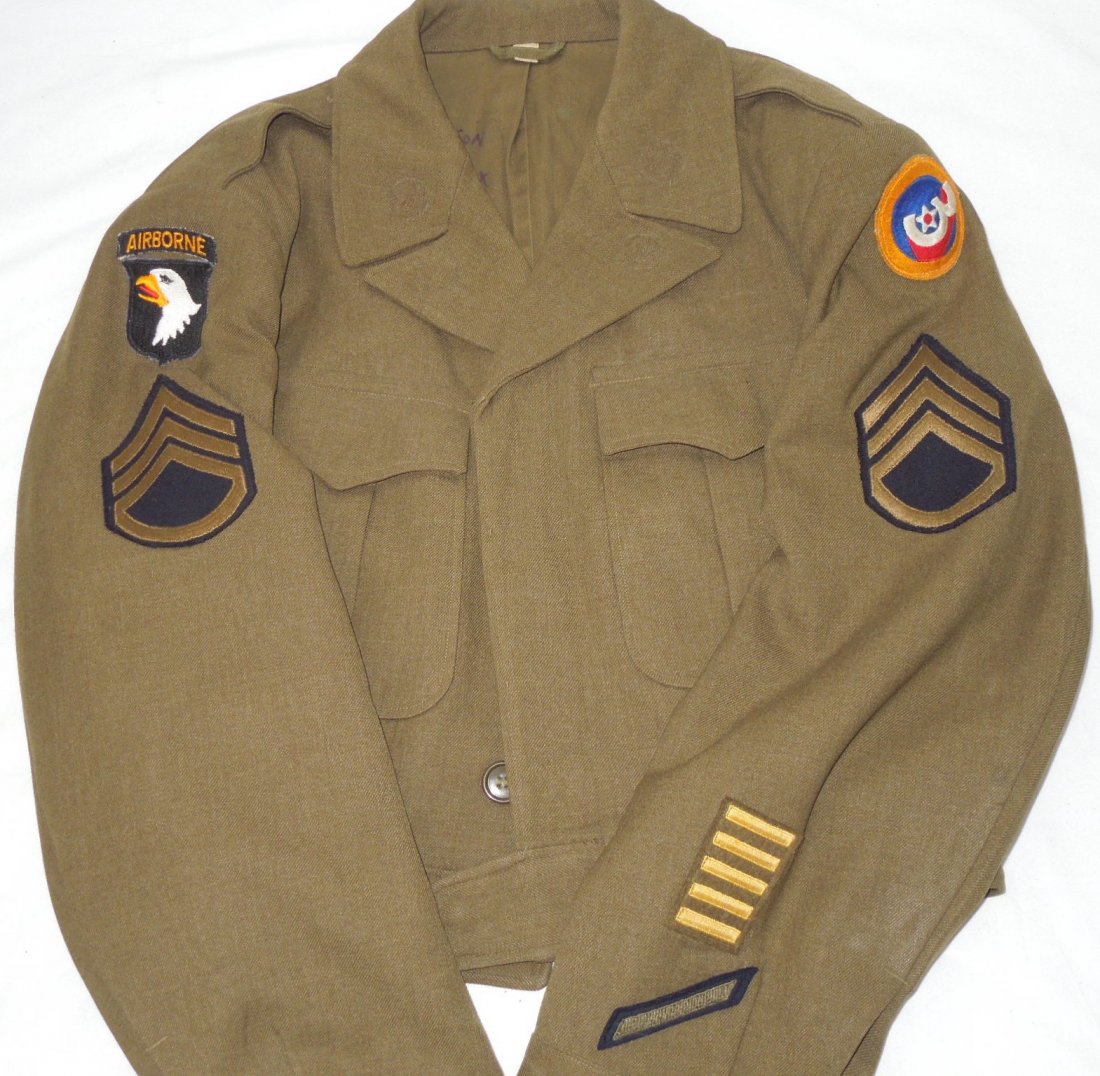 WWII 101st Airborne 3rd AAF US Army Named Ike Jacket: WWII 101st Airborne & 3rd AAF US Army Named Ike Jacket. 1944 dated Ike jacket. 101st Airborne Division and 3rd Army Air Force shoulder sleeve insignia patches. Named to Nelson 0726. Staff Sergeant Cha