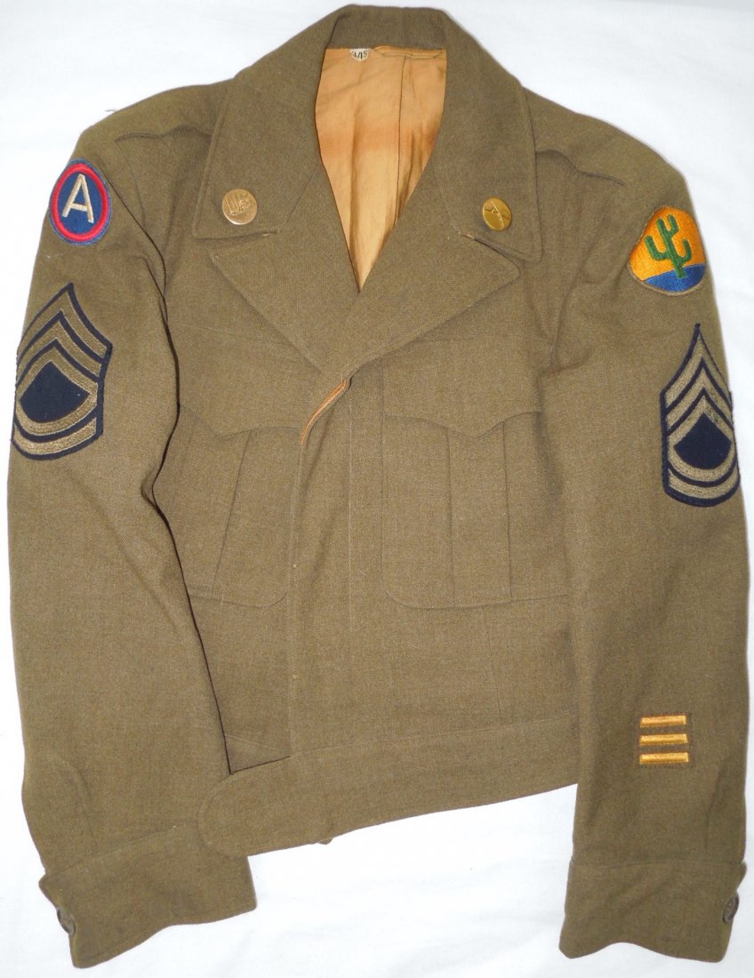 WWII 103d Infantry Division 3rd Army Ike Jacket Uniform: WWII 103rd Infantry Division and US 3rd Army Ike Jacket Uniform. We are not able to see a name in this jacket. Dated 1944. The shoulder sleeve insignia patches include the 103rd Infantry Division and 