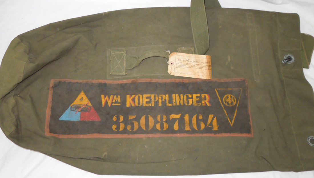WWII US 4th Armored 83rd Division Painted Duffel Bag: Original WWII era hand painted 4th Armored Division and 83rd Armored Division duffel ban named to William Koepplinger of Kentucky. Comes with a paper tag attached with his customs declaration.
