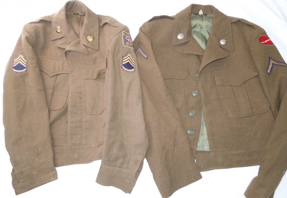 1950s US Army Ike Uniform Jackets 78th Div & GHQ: Lot of two Ike style uniform jackets, one dated 1953 and the other 1946. The earlier one has chain stitched GHQ (General Headquarters Japan) and Staff Sergeant stripes as well as US and Infantry domed