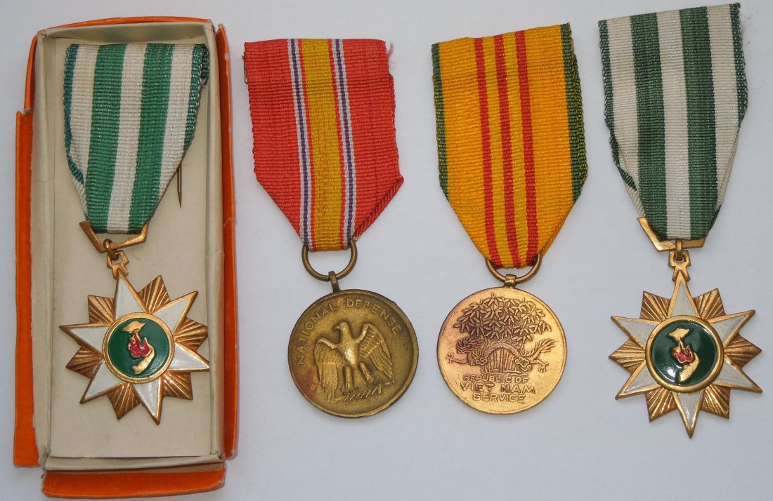 Vietnamese Made US Military Campaign Medals RVN: Original lot of four theater made in Vietnam campaign medals with crude ribbons and planchets. National Defense Service, Vietnam Service, and two RVN Service (one in original box).