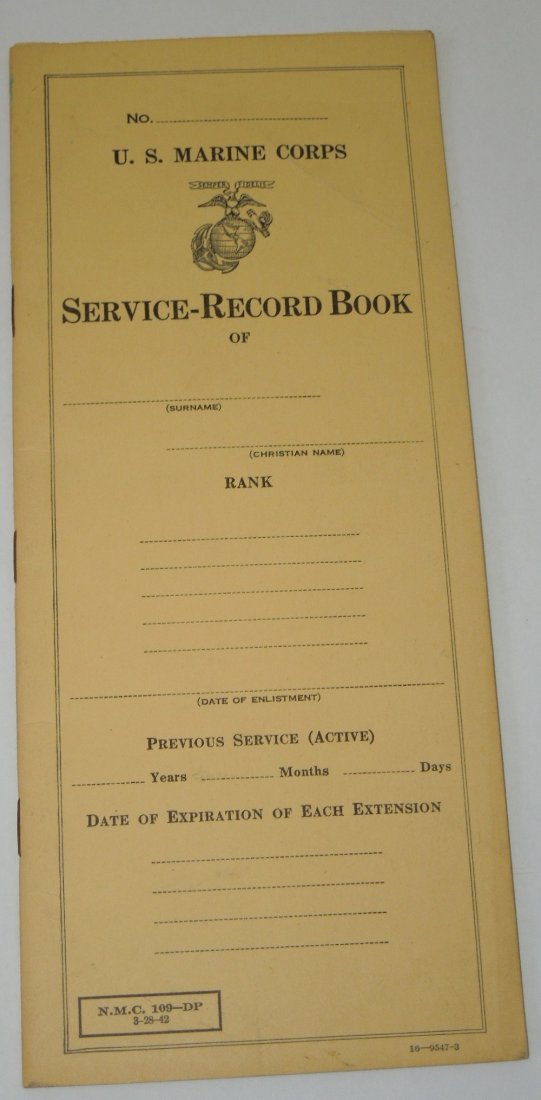 WWII USMC Service Record Book 1942: Original 1942 dated unused US Marine Corps Service Record Book with many pages for each Marine's details.