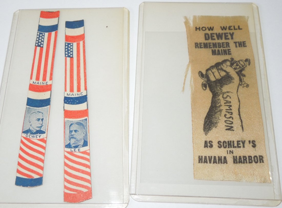 Spanish American War Adm. Dewey Ribbon Lee Stick Cards: Spanish American War Adm. Dewey Ribbon & Dewey Lee Stick Cards. You will receive 3 items. The ribbon reads, How Well Dewey Remember The Maine As Schleys in Havana Harbor. The arm reads, SAMPSON and th
