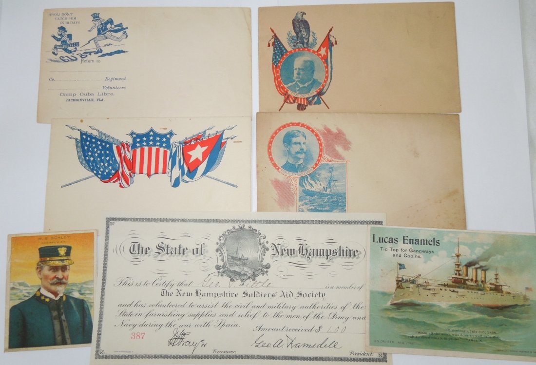 SAW Envelopes, NH Receipt, Portrait Cruiser New York: Spanish American War Envelopes, NH Receipt, Portrait & Cruiser New York Card. These period items include a Fitzhugh Lee envelope, Richard Pearson Hobson Envelope, Camp Cuba Libre Jacksonville, FLA env