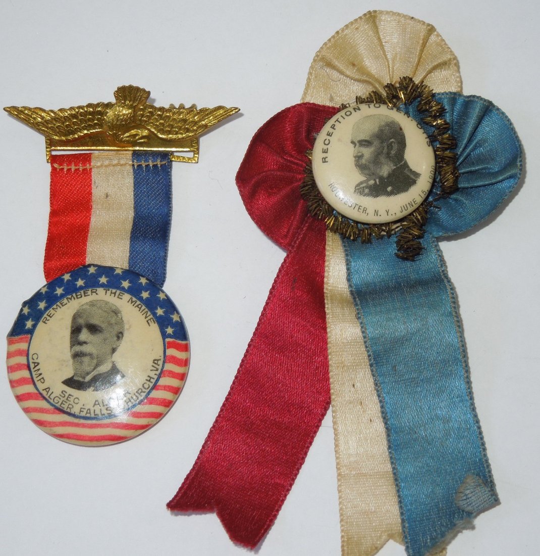 SAW Ribbon Pins General Otis Secretary Camp Alger: Spanish American War SAW Ribbon Pins General Otis Secretary Camp Alger. You will receive 2 ribbon pins. Both pins have red, white and blue ribbons. The first ribbon has a photo of Secretary Alger, Cam