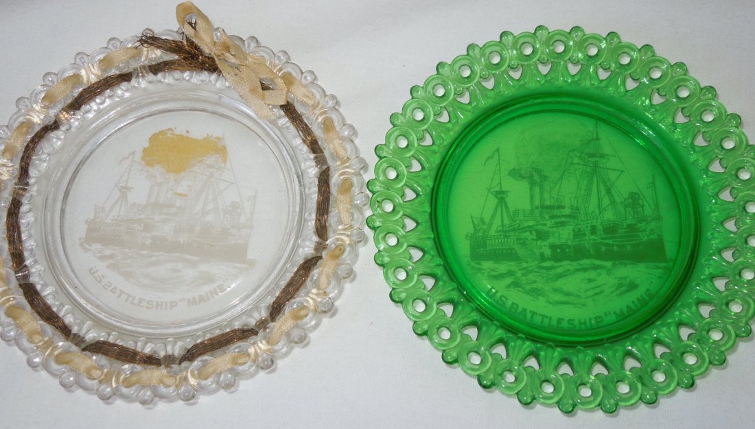 Spanish American War USS Maine Glass Plates Dishes: Spanish American War SAW US Battleship Maine Glass Dishes. You will receive 2 glass dishes. One dish is clear while the other is green. Both dishes read, U.S. Battleship Maine. The clear dish has ribb