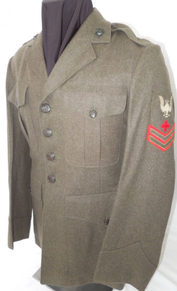 WWII USMC Corpsman Patched Uniform Jacket: WWII unnamed USMC Corpsaman uniform with patches and screw back EGAs.