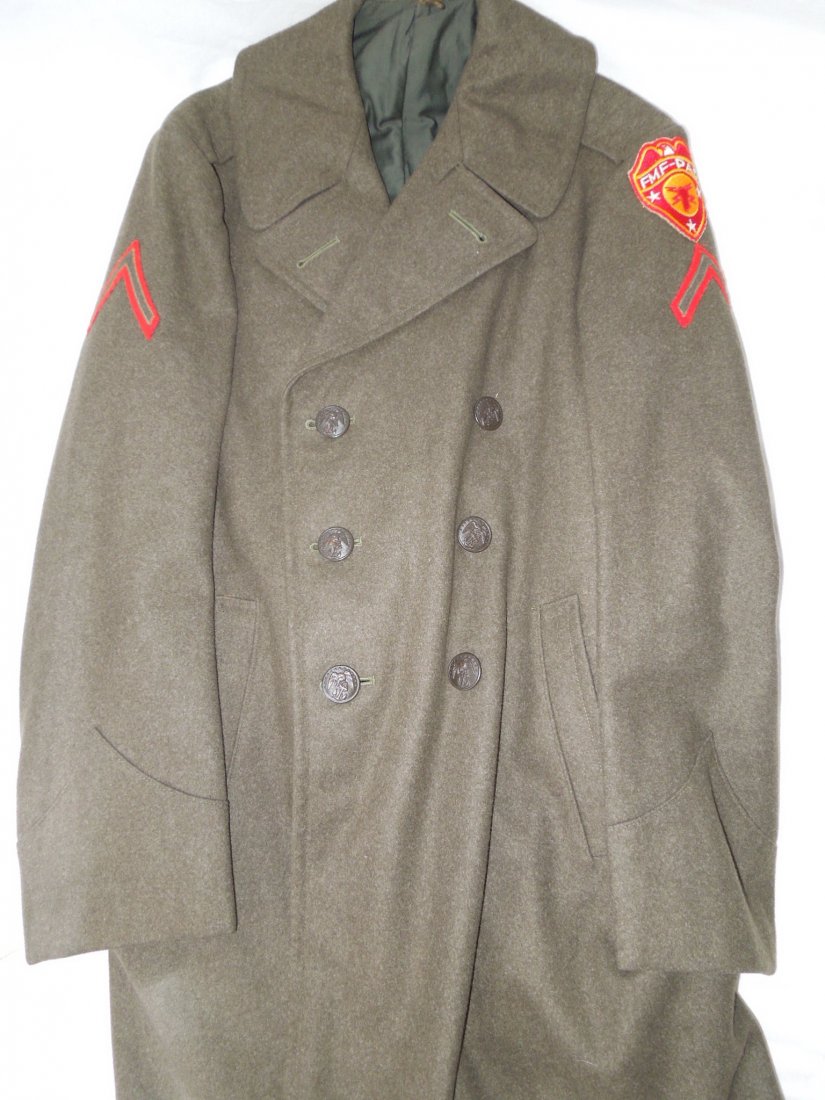 WWII Named USMC FMF PAC Signal Overcoat Patches: Nice overcoat named on the inside and with patches as shown.