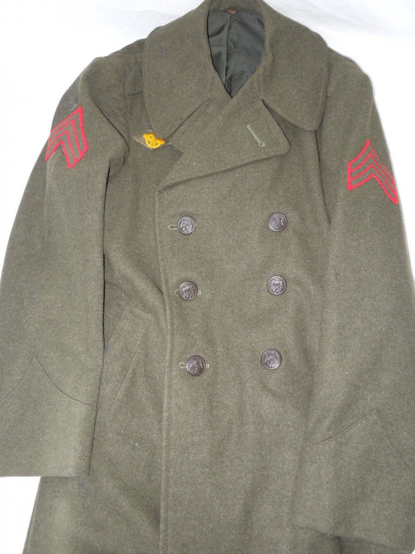 WWII Killed In Action Okinawa 1st Marine Div USMC KIA: WWII USMC Overcoat to Pfc. Ivan O. Stinnet, KIA May 5, 1945 at the Battle of Okinawa as a member of the 1st Marine Regiment, 1st Marine Division. The coat was reissued to an unknown Sergeant thereafte