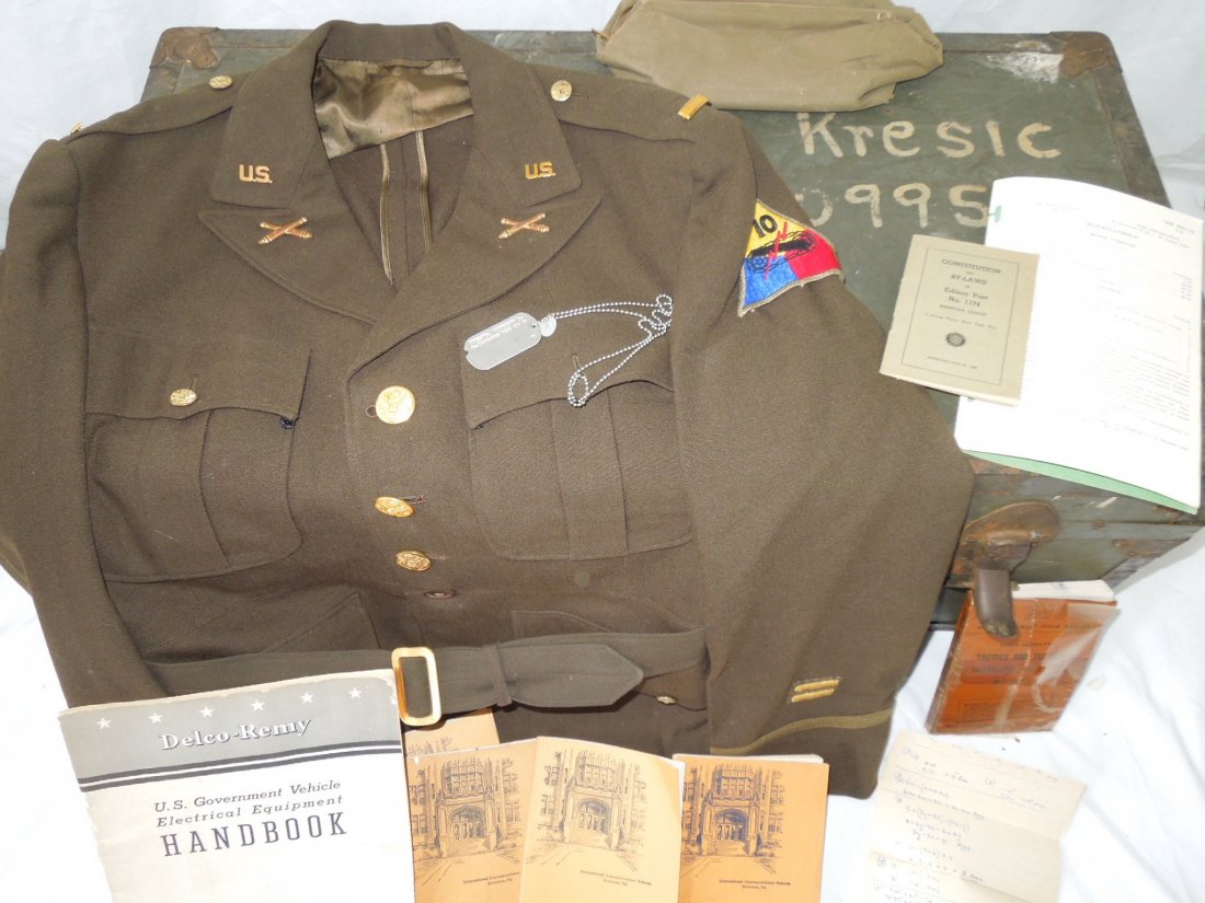 WWII US 10th Armored Div. Liaison Spotter Uniform Trunk: WWII Liaison Pilot / Artillery spotter grouping of Lt. Vincent L. Kresic, Includes a 4 Pocket OD uniform jacket dated 5/1942 with belt, size 39R, 10th Armored patch with snaps on the left shoulder, pe