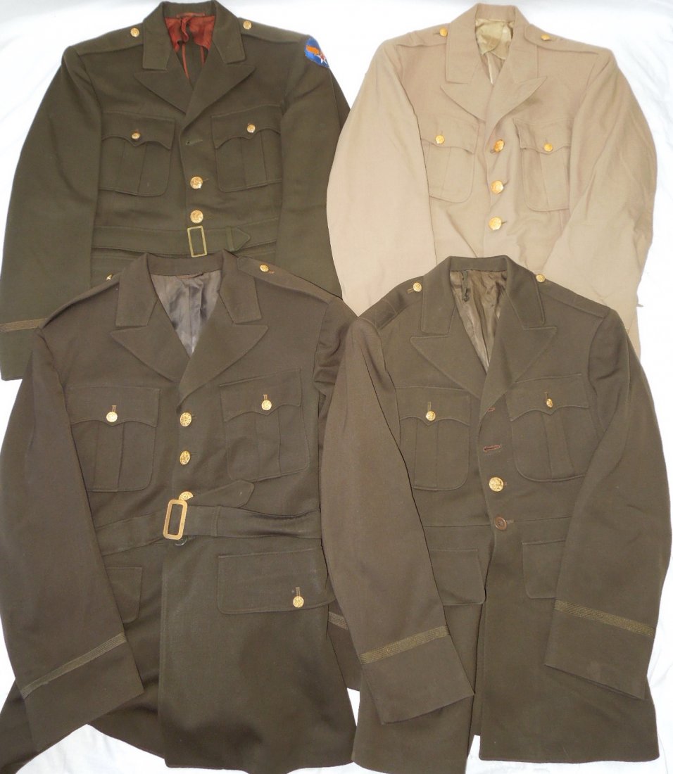 WWII US Army AAF Officer Uniform Jacket Lot #2: Lot of four WWII Officer four pocket elastique jackets, one with an Army Air Force patch, and one khaki jacket. Tags, names, and markings are shown, Condition is used with wear evident from age. (I K