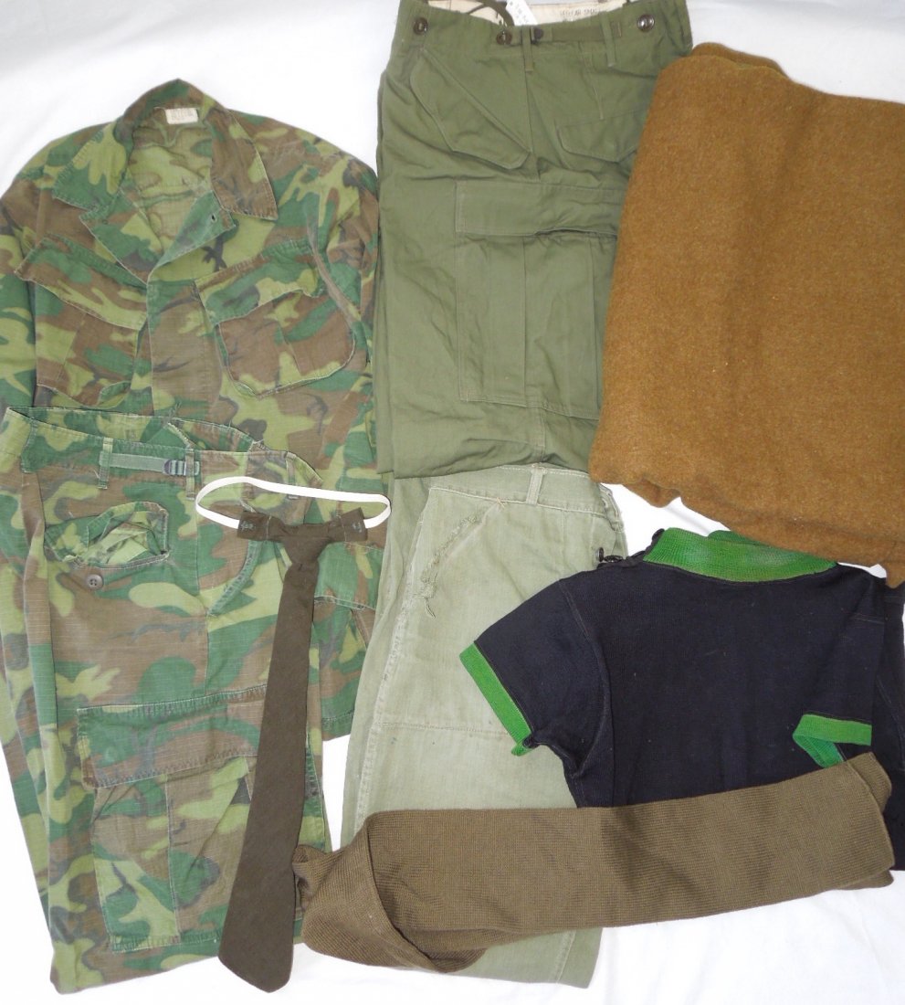 WWII Blanket M51 Trousers ERDL Camo Lot: Miscellaneous group of items to include M51 trousers, an ERDL camouflage set (well worn), tie, non military sweater, wool blanket from WWII and more as shown. Condition is consistent with age with wea