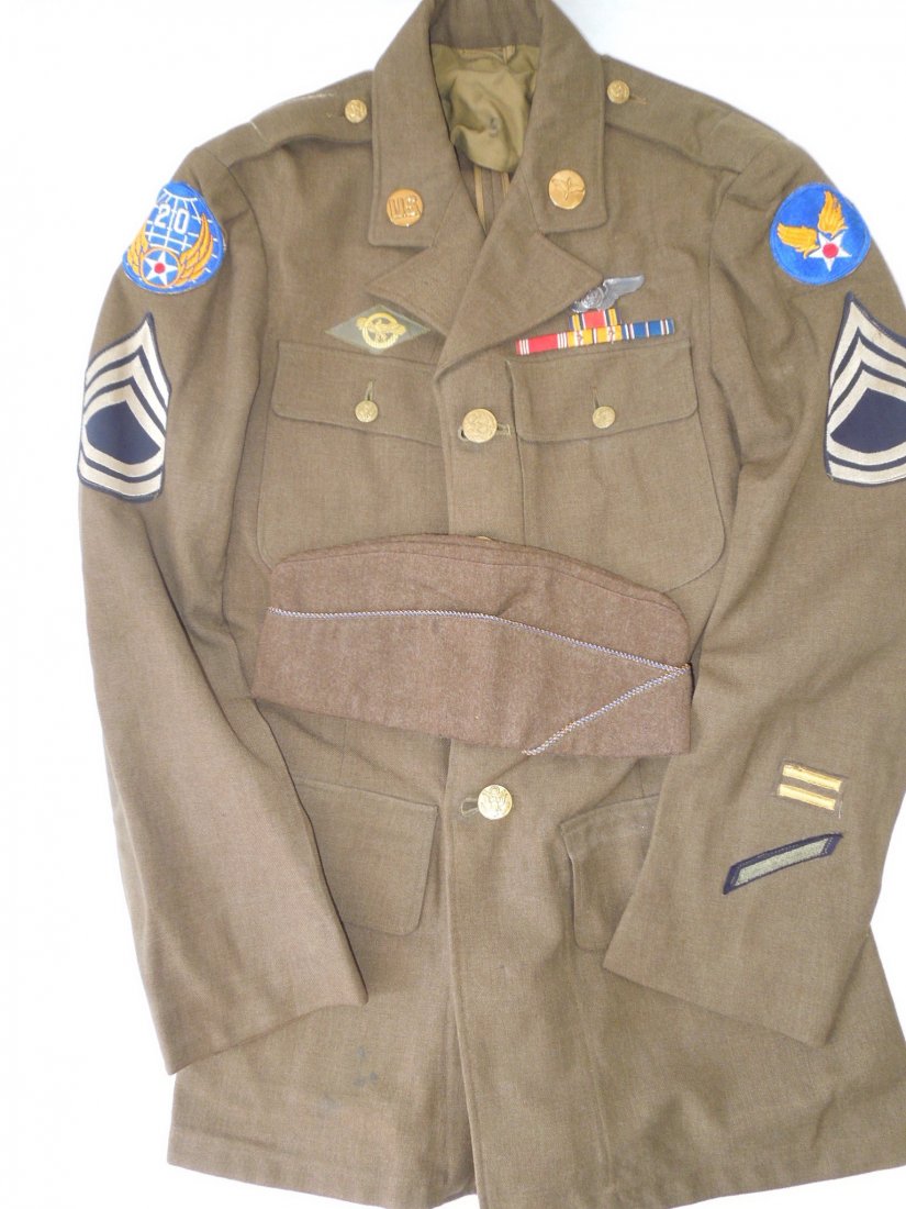 WWII US 20th AAF Aircrew Uniform and Wings Air Force: WWII 20th Army Air Force jacket with sterling clutch back aircrew wings, China Burma India theater made ribbon bars, USAAF and 20th AAF patches and other insignia as shown. Good condition, and not nam