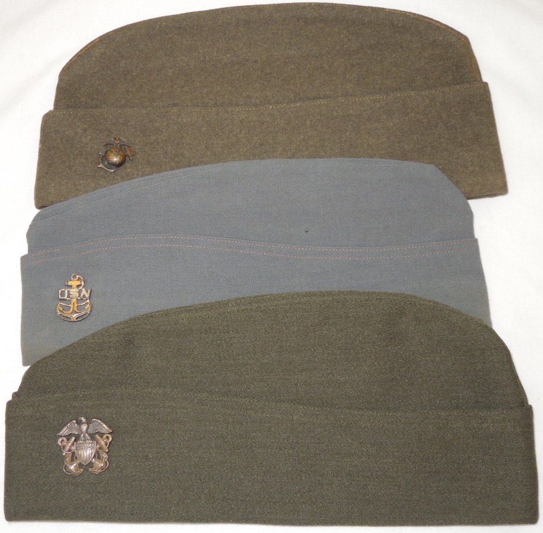 WWII USMC Marine Corps USN Navy CPO, Aviation Caps: WWII USN Navy and USMC Marine Corps Overseas Caps. You will receive the following 3 overseas caps. 1. USN Navy Aviator Aviation Overseas cap. Forest green gabardine. Leather sweat band. Pin back Sterl