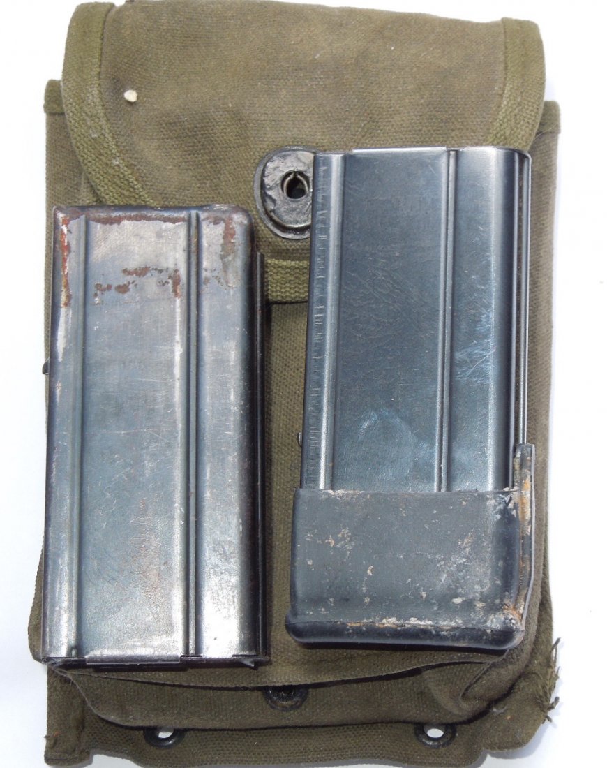 Korean War M-1 Carbine Magazines and Pouches: Korean War OD Green M-1 Carbine pouch and two magazines (one marked U and one AI).