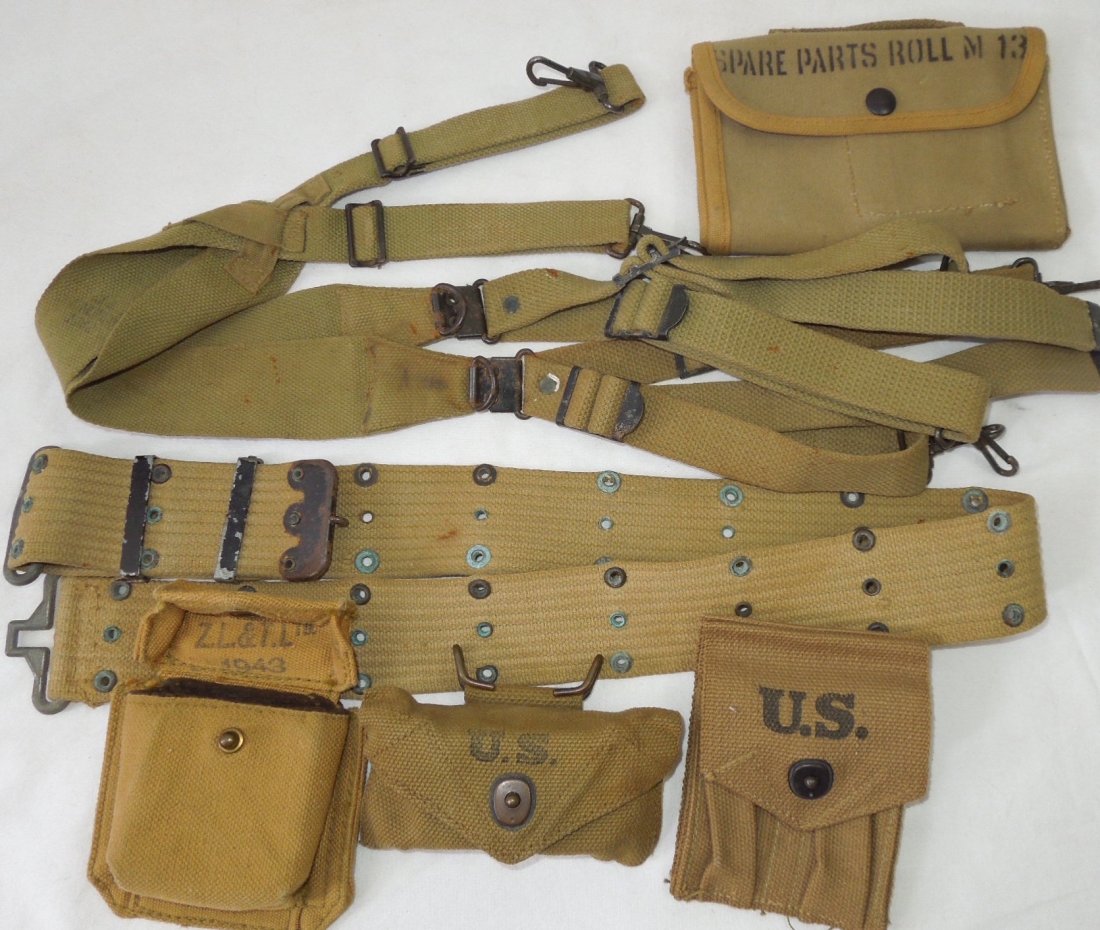 WWII US Field Gear Lot Ammo Compass Heater Pouches: WWII US Field Gear Lot Ammo Compass Pouches. You will receive the following 6 items. 1. Spare Parts Roll M13. There are 9 compartments in this canvas pouch. Nice condition. 2. 1943 Khaki Compass Pouch