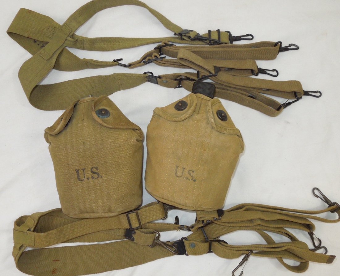 WWII US Military Canteens Suspenders Combat Harness Lot: WWII US Military Canteens and Field Gear Suspenders / Combat Harness Lot of 2 canteens and 2 pairs of suspenders / Combat Harness. You will receive the following items. 1. US 1941 G. & R. CO. (marked 