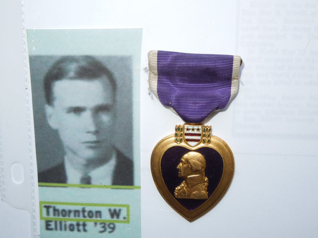 WWII Numbered 1st Armored Division Vet Purple Heart: Rarely found traceable WWII Purple Heart numbered 88993 belonging to Staff Sergeant Thornton W. Elliott, who as a Private serving in the 1st Armored Division was wounded in North Africa in January 194