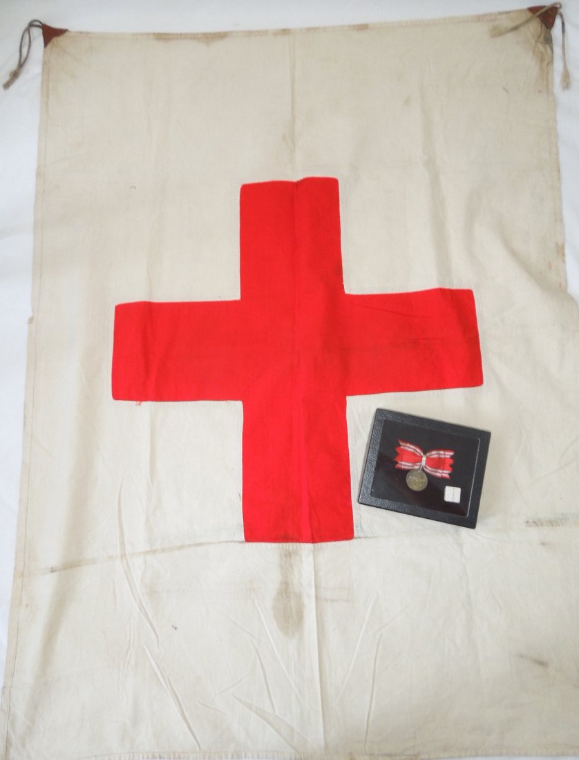 WWII Japanese Red Cross Aid Station Flag and Medal: WWII cloth Japanese Aid Station flag brought back from the Philippines by a US veteran from Pennsylvania (name unknown as the consignor did not write it down years ago when he got it). It measures app