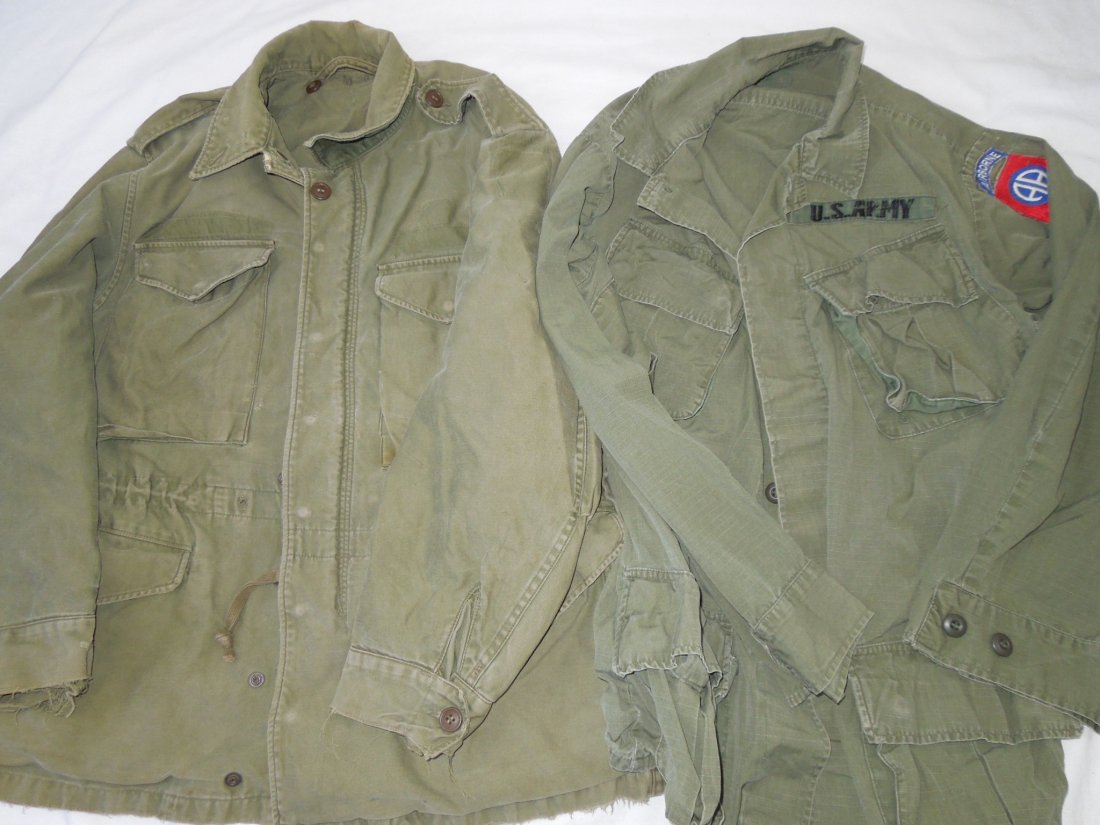 Vietnam Named 82nd Airborne Jungle Shirt and Jacket: Pair of medium sized OD Green US Army fatigue uniforms- Field jacket and a slant pocket jungle shirt. The shirt is patched with a cut edge sewn 82nd Airborne patch, and theater made US Army tape. Othe