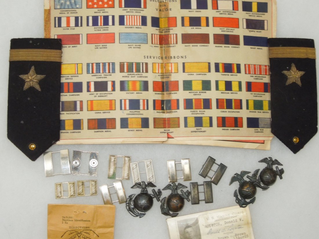 WWI - Vietnam Captain Bars USMC EGAs ID Card: WWII War Map booklet with insignia and ribbons reference, Shipboard WWII USMC ID Card with research, WWI - WWII false bullion and sterling captains bars (one set is screw back), Eagle Globe and Anchor