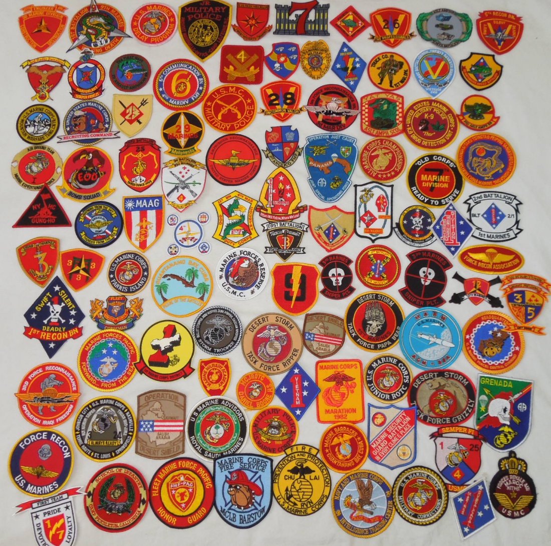 Lot of 100 USMC Marine Corps Patches: Lot of various US Marine Corps Patches, mostly 1970s to 2000s era. Some are custom made, and others are more of a novelty type.