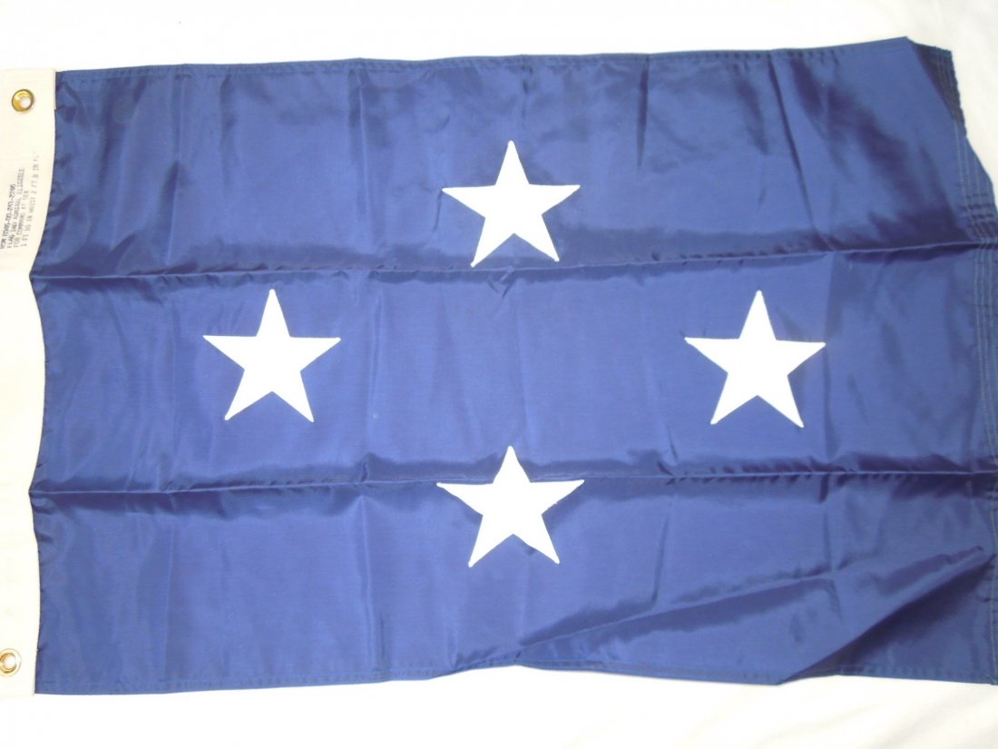 1989 Dated US Navy Four Star Admiral Nylon Flag: Original nylon 1989 dated US Navy Four Star Admiral flag measuring approximately 34 inches by 22.5 inches. Good, unissued condition.