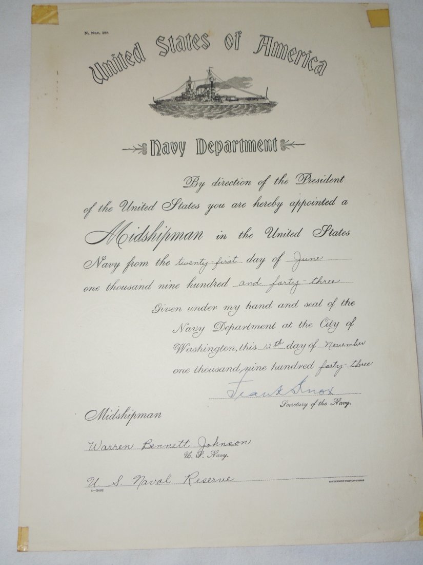 WWII US Naval Academy 1943 Midshipman Certificate: Original WWII era raised seal certificate awarded by the Navy Department to Midshipman Warren Bennett Johnson, who entered the US Naval Academy in 1943, graduating in 1947. It is signed by Frank Knox,