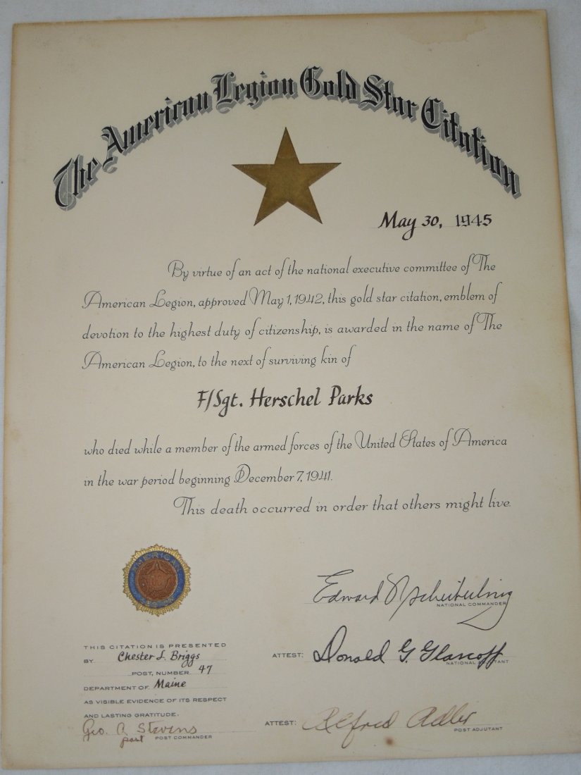 WWII 101st Airborne 501st PIR KIA Gold Star Certificate: Original WWII American Legion Gold Star Citation Dated May 30, 1945 to First Sgt Herschel Parks, May 30, 1945, U.S. Army, 501st Parachute Infantry Regt, 101st Airborne Division, Killed in Action Janua