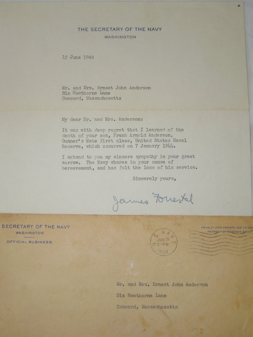 WWII US Navy 1944 Killed Letter NMCM USS Augustine: Original James Forrestal, Navy Secretary signed condolence letter and envelope dated June 12, 1944 to Gunners Mate 1st Class, Frank Arnold Anderson, Massachusetts, Jan 7, 1944, Navy. He was awarded th