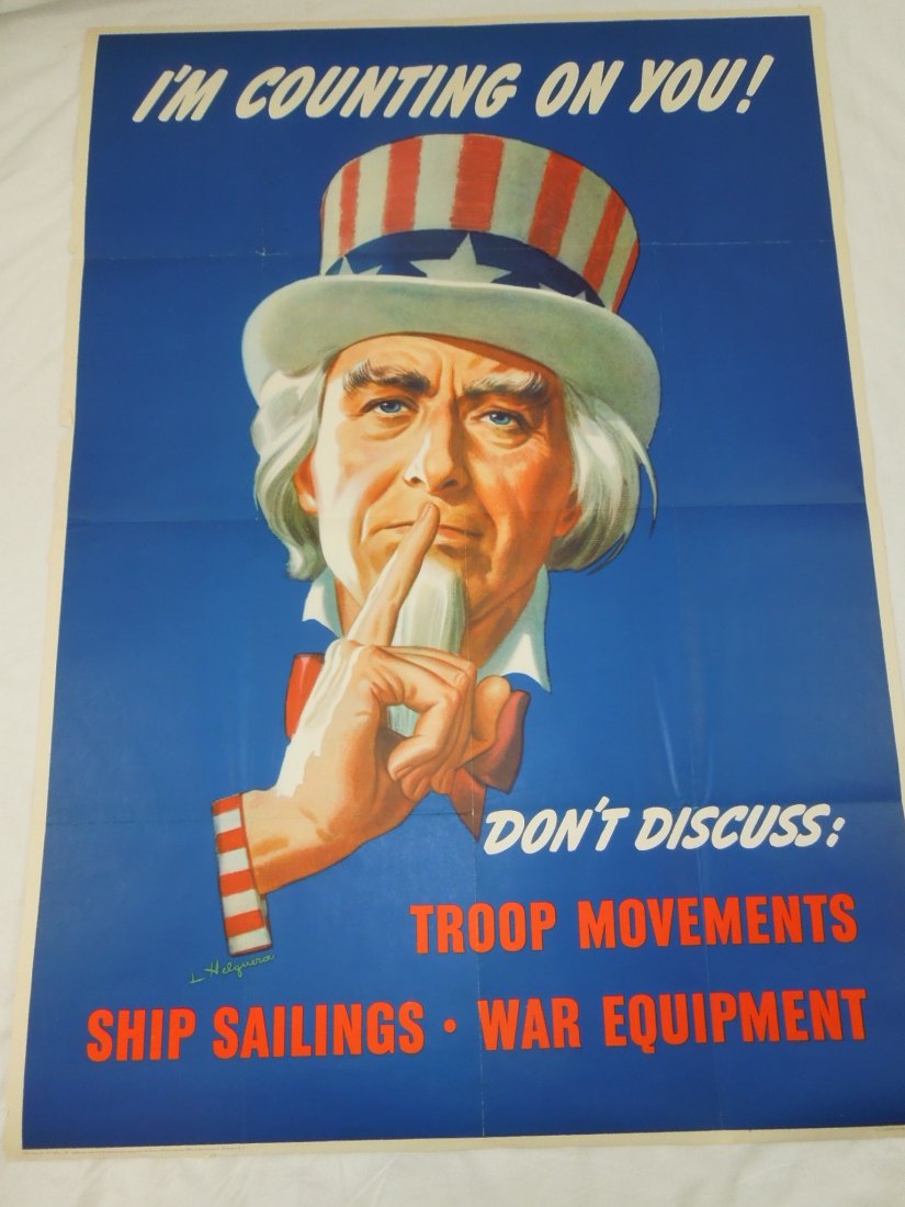 WWII War Poster 1943 Helguera Uncle Sam Troop: Original Leon Helguera poster measuring approximately 40 x 28.5 inches- Don't Discuss Troop Movements.