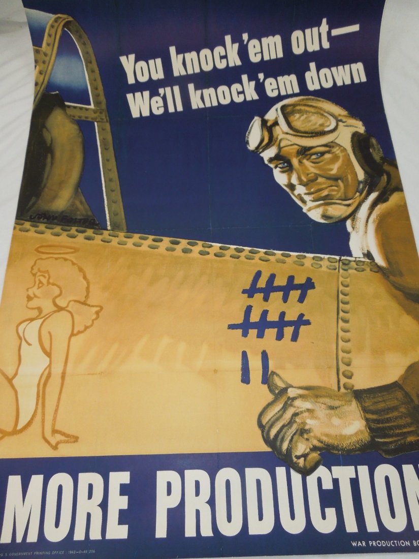 WWII War Poster Falter Knock Em Down Fighter Pilot 1942: Original John Falter poster measuring approximately 40 x 28.5 inches- You Knock Em Out, We'll Knock Em Down. It's mounted on a heavy canvas type paper.