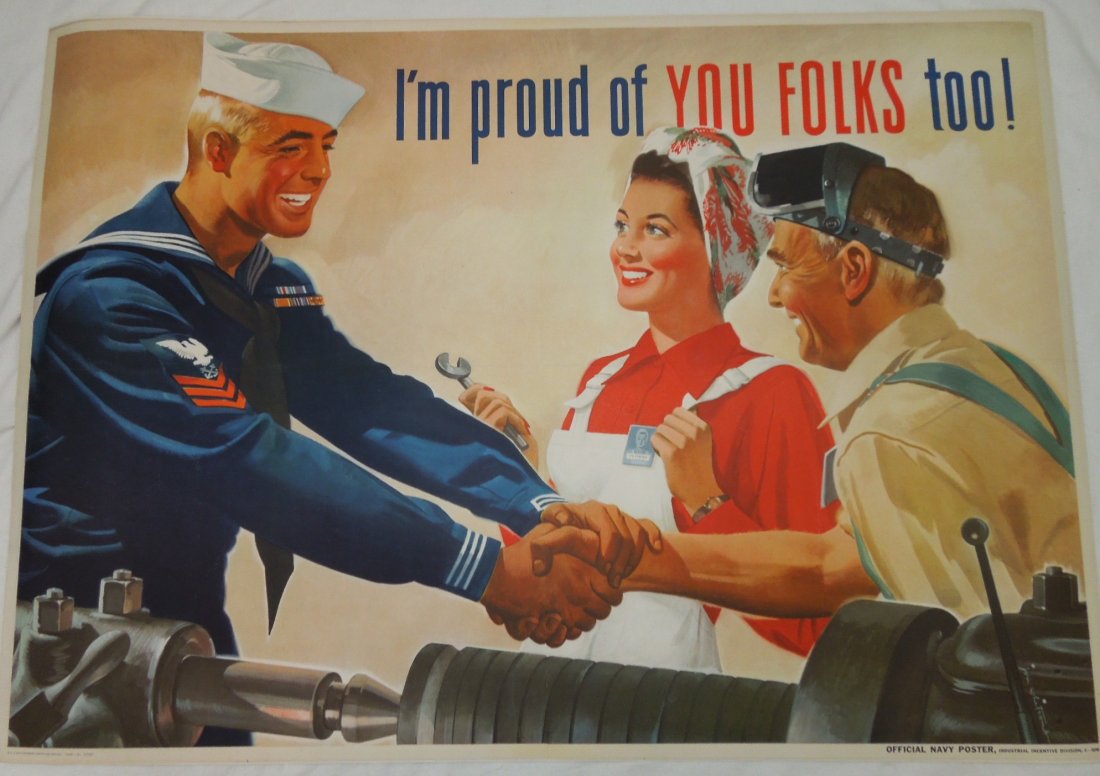 WWII War Poster Navy I'm Proud 1944 Whitcomb: Original Jon Whitcomb poster measuring approximately 40 x 28.5 inches- I'm Proud of You Folks Too. It's mounted on a heavy canvas type paper.
