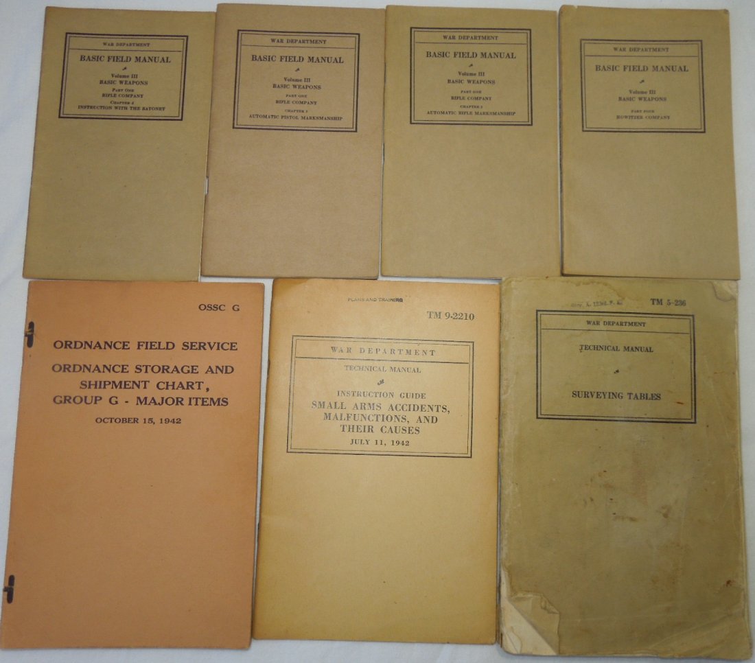 Lot WWII US Army Weapons & Misc. Field Manuals: Group of seven manuals from the 1930s to WWII to include Volume III Basic Weapons- Rifle Company, Automatic Pistol dated 1932, Marksmanship, Automatic Rifle Marksmanship dated 1932, Instruction with t