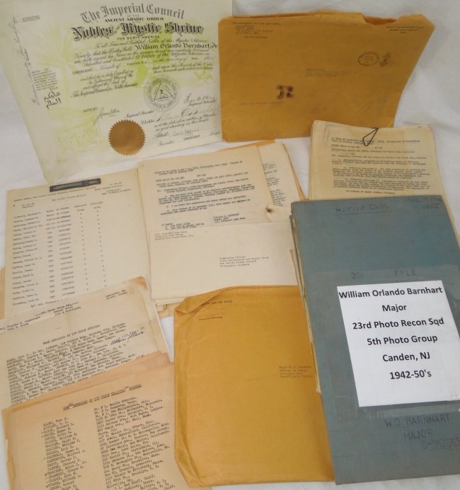 USAF 1942-50s Major Barnhart Personal Papers Group: USAF Major William Orlando Barnhart 1942-50s Active Duty Personal Papers, Certificates, Special Orders and Special Court Proceeding. Barnhart was attached to the 23rd Photo Reconnaissance Squadron, 5t