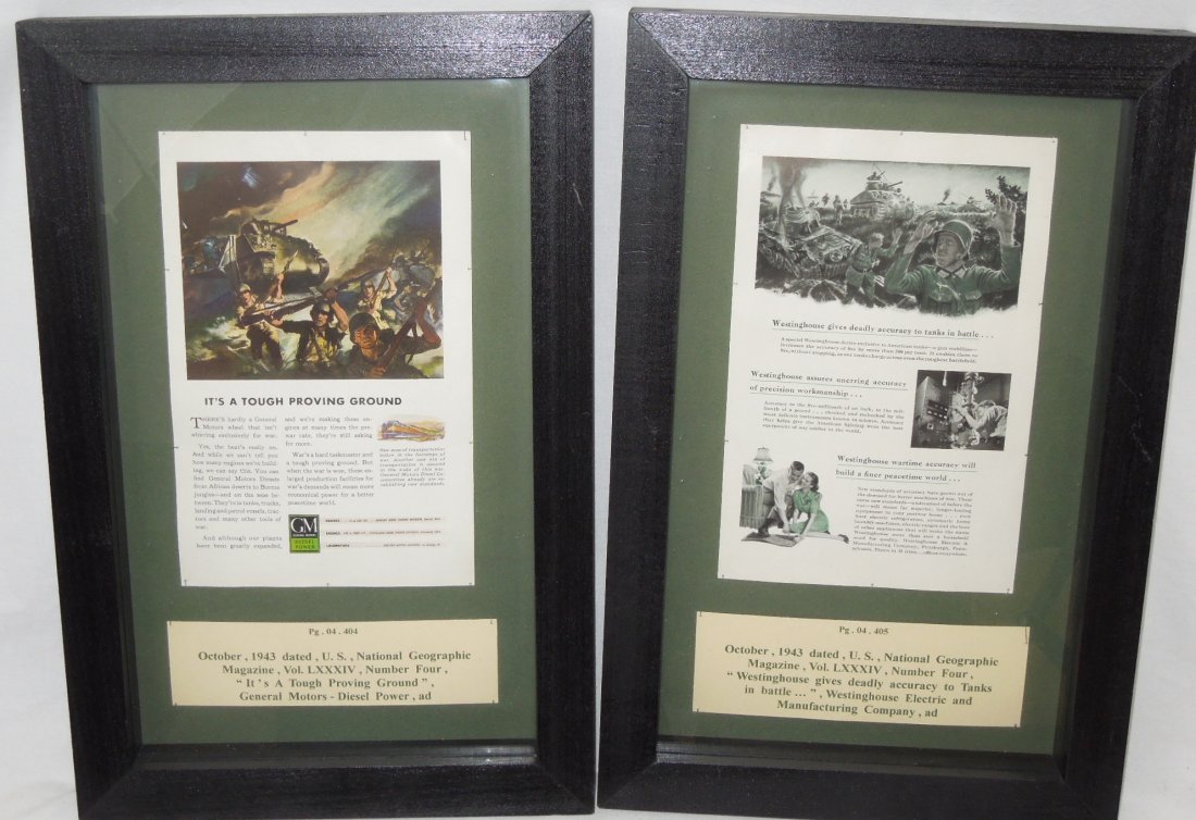 WWII Framed US Military Magazine Pages GM Westinghouse: Lot of two, framed in glass and wood shadow boxes, WWII period clippings from military magazines depicting General Motors and Westinghouse. They are accompanied by descriptions from a former museum di