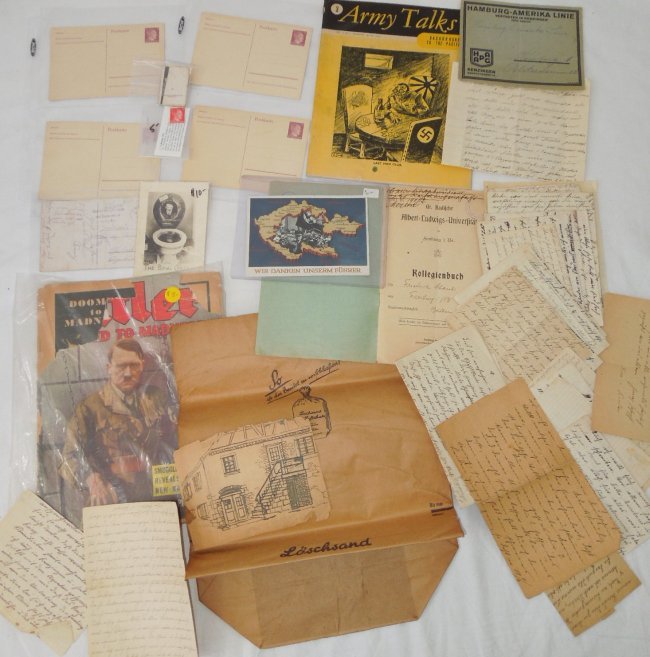 WWII German Military Ephemera Hitler Lot Letters Stamps: WWII German Military Ephemera Hitler Lot Letters Stamps. Some of the items in this lot include 29 May 1945 featuring Japans Hirohito, UNUSED Postcards with Hitler stamp, Hitler in a toilet Seat Photo 
