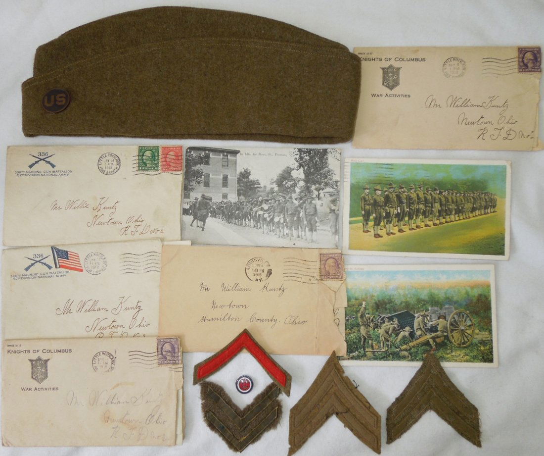 WWI 336th US Machine Gun Battalion Letter Cap Lot: Small WWI 336th Machine Gun Battalion Group. The Soldier served with that unit in France, the letters are from his US time. Hat, stripes, AEF pin, filled out post cards, etc.