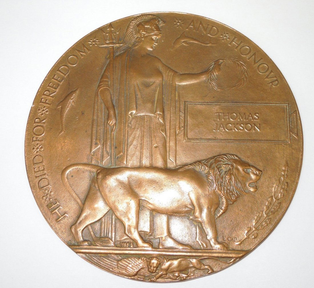 WWI British Death Penny Memorial Plaque Thomas Jackson (1 of 2)