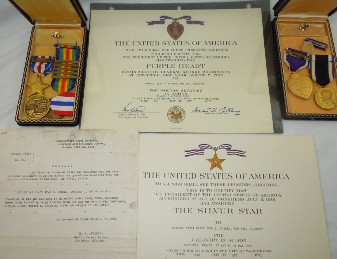 WWI US Army 1st Infantry Div. Machine Gun Valor Silver: WWI Medal group to Ivan L. Coyner of Huntington, West Virginia who was a member of the 26th Infantry, and then the 3rd Machine Gun Bn. Of the 1st Infantry Division in the AEF in France. Includes his g